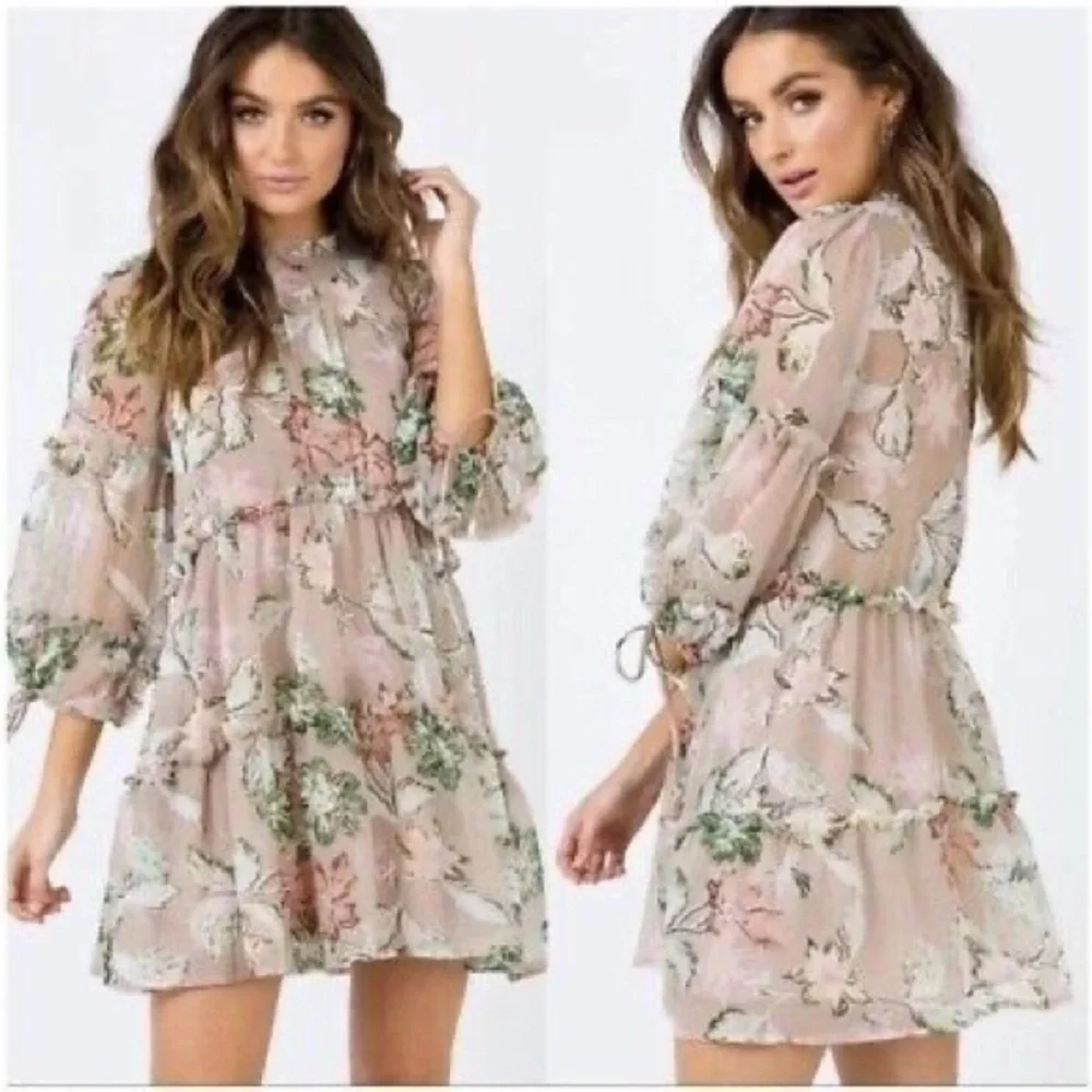 Princess Polly Eden Bloom Blush Floral Mini Beige Floral Ruffle Tiered Dress 0 - Picture 1 of 12
